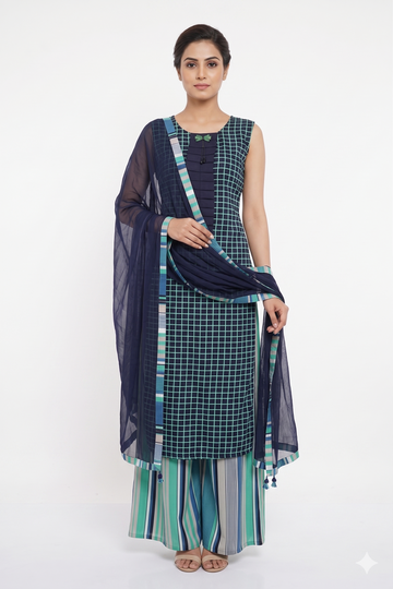 Navy Blue Checked Kurta Set With Striped Palazzo & Dupatta