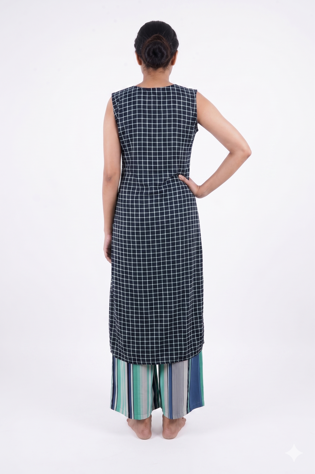 Navy Blue Checked Kurta Set With Striped Palazzo & Dupatta