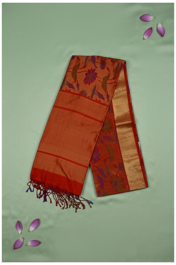 Premium Peach Orange Pure Silk Saree With Artistic Floral Woven Design