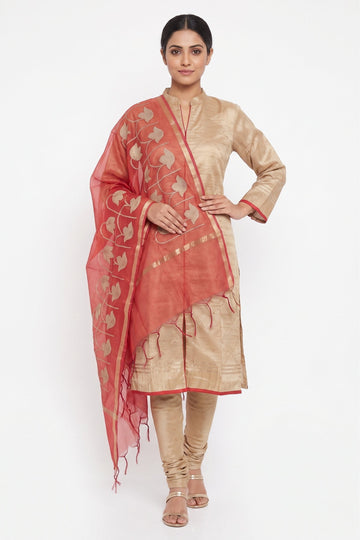 Beige Silk Blend Kurta Set With Coral Designer Dupatta