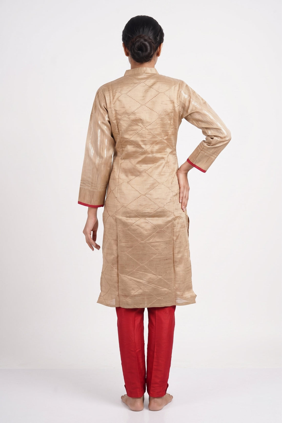 Beige Silk Blend Kurta Set With Coral Designer Dupatta