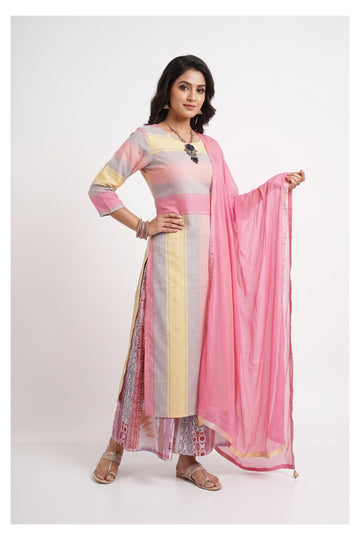Pastel Striped Kurta Set With Printed Palazzo & Pink Dupatta