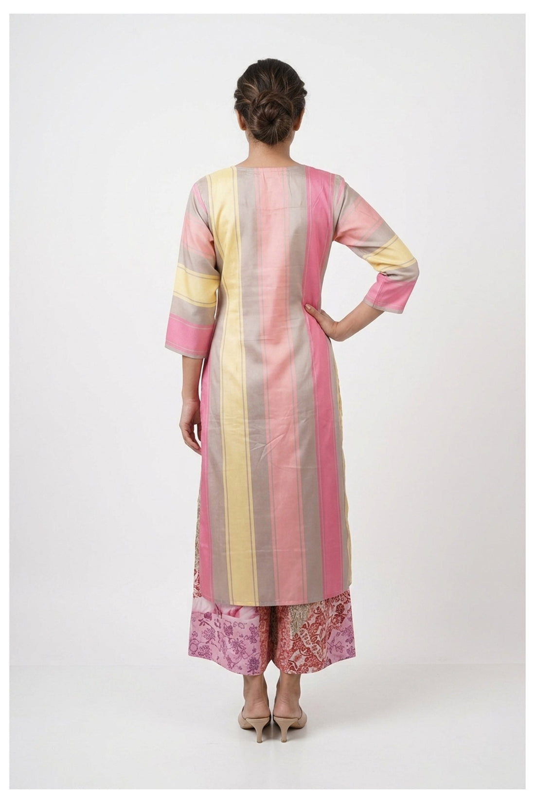 Pastel Striped Kurta Set With Printed Palazzo & Pink Dupatta
