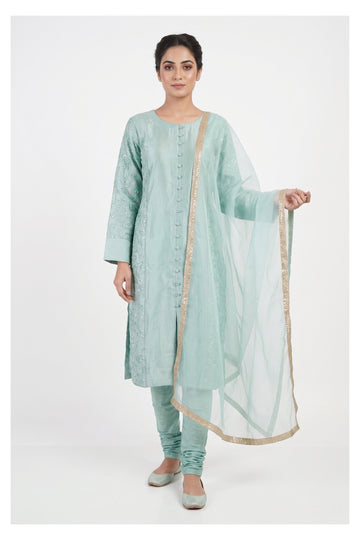 Mint Green Embroidered Churidar Suit With Organza Dupatta
