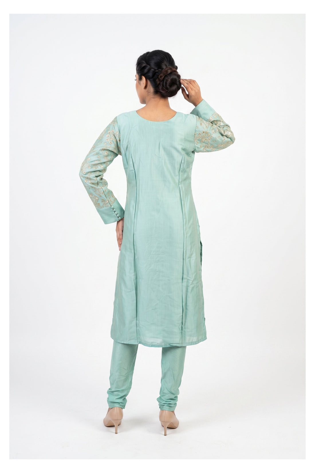 Mint Green Embroidered Churidar Suit With Organza Dupatta