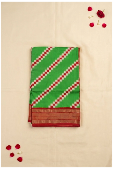 Premium Green & Red Pure Silk Patola Inspired Saree With Zari Border