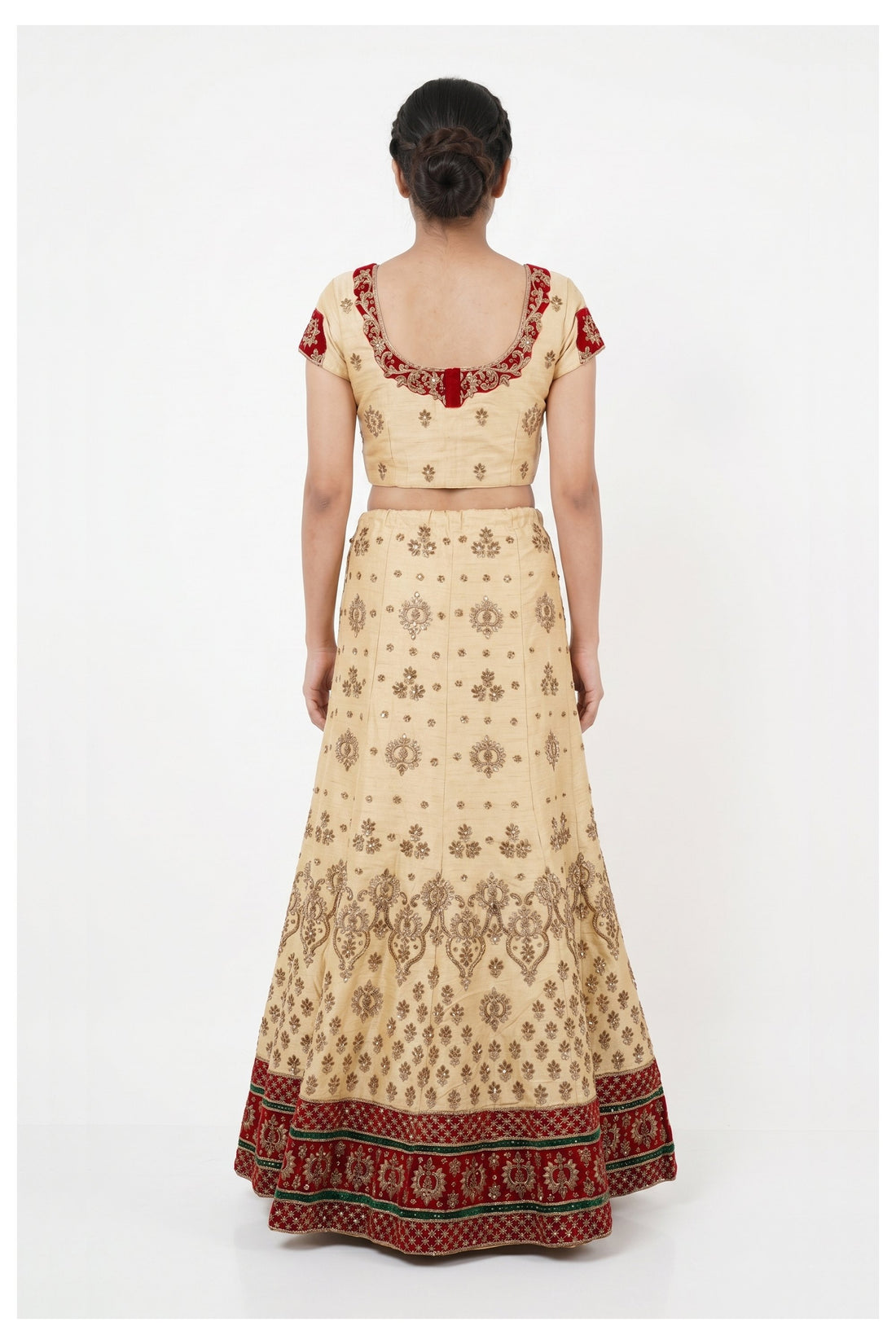 Cream Embroidered Lehenga Choli With Red Net Dupatta