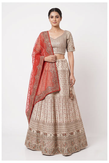 Ivory Embroidered Lehenga Choli With Coral Net Dupatta