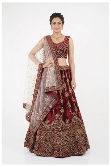Maroon Velvet Bridal Lehenga Choli With Net Dupatta
