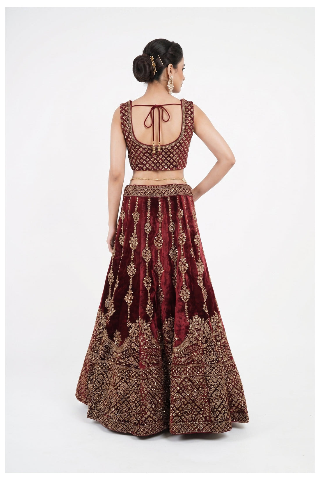 Maroon Velvet Bridal Lehenga Choli With Net Dupatta