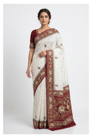 Ivory Gharchola Gajji Silk Wedding Saree With Elephant Border