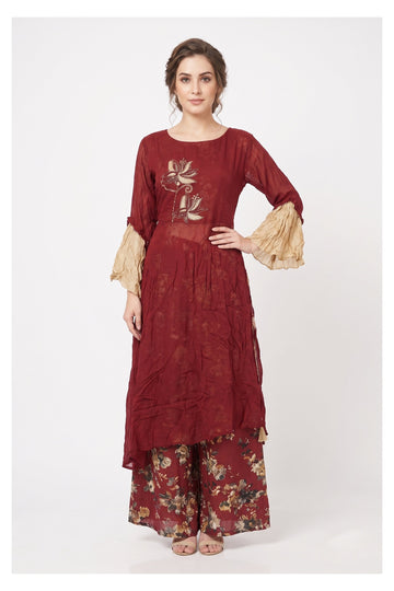 Wine Floral Indo-Western Kurta Palazzo Set