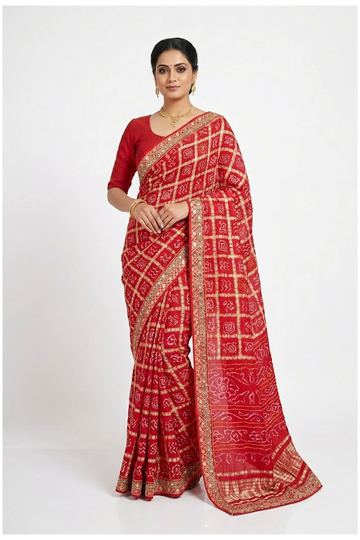 Crimson Red Pure Silk Bandhni Wedding Party Wear Saree