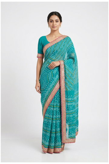 Teal Bandhni Georgette Art Silk Party Wear Saree