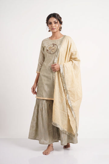 Elegant Beige Embroidered Kurta Set With Flared Palazzo & Dupatta