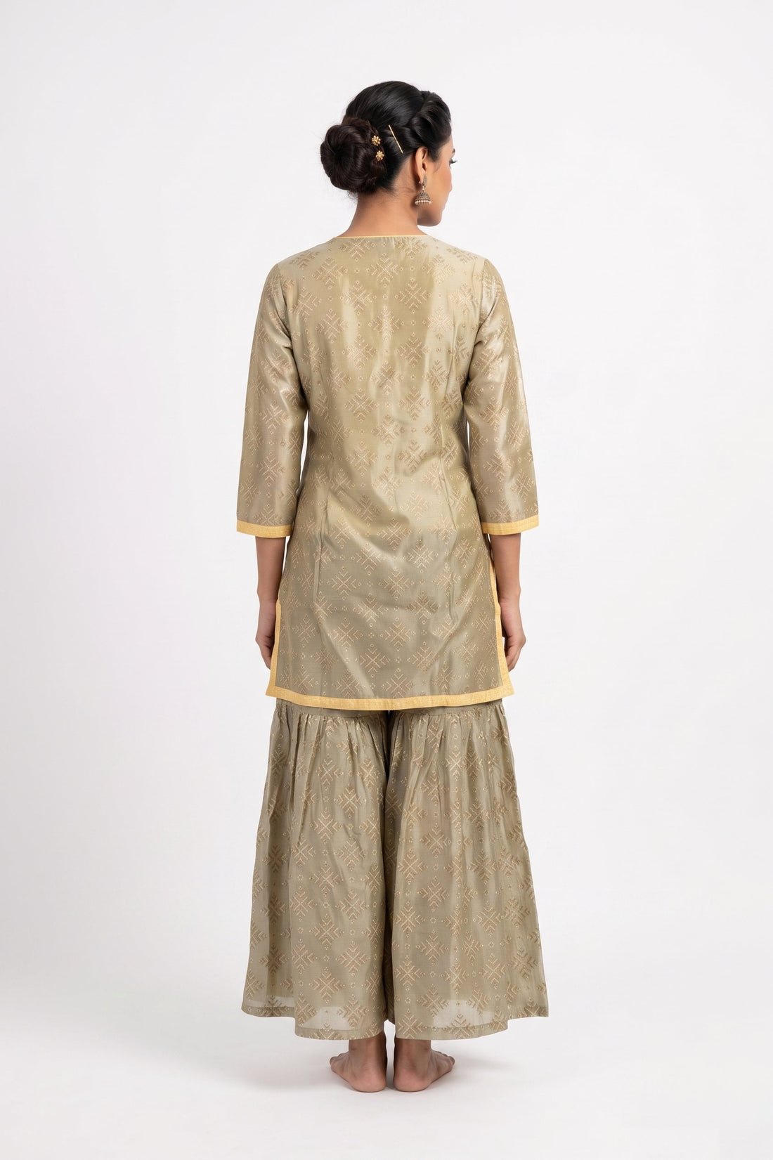 Elegant Beige Embroidered Kurta Set With Flared Palazzo & Dupatta