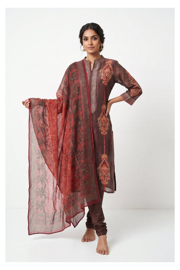 Chocolate Brown Embroidered Party Wear Suit Set With Designer Dupatta