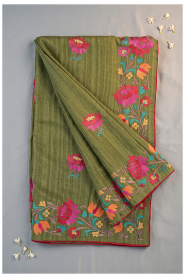 Olive Green Cotton Party Wear Saree
