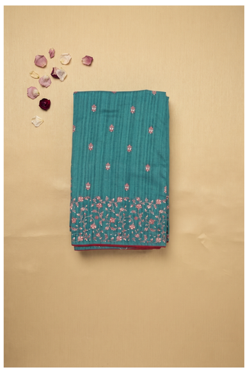 Teal Cotton Party Wear Saree With Floral Design