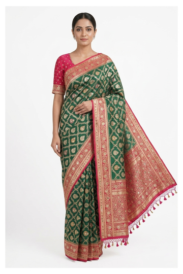 Bottle Green Banarasi Silk Saree With Hand Work Weaving