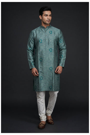Teal Green Floral Patterned Men'S Kurta