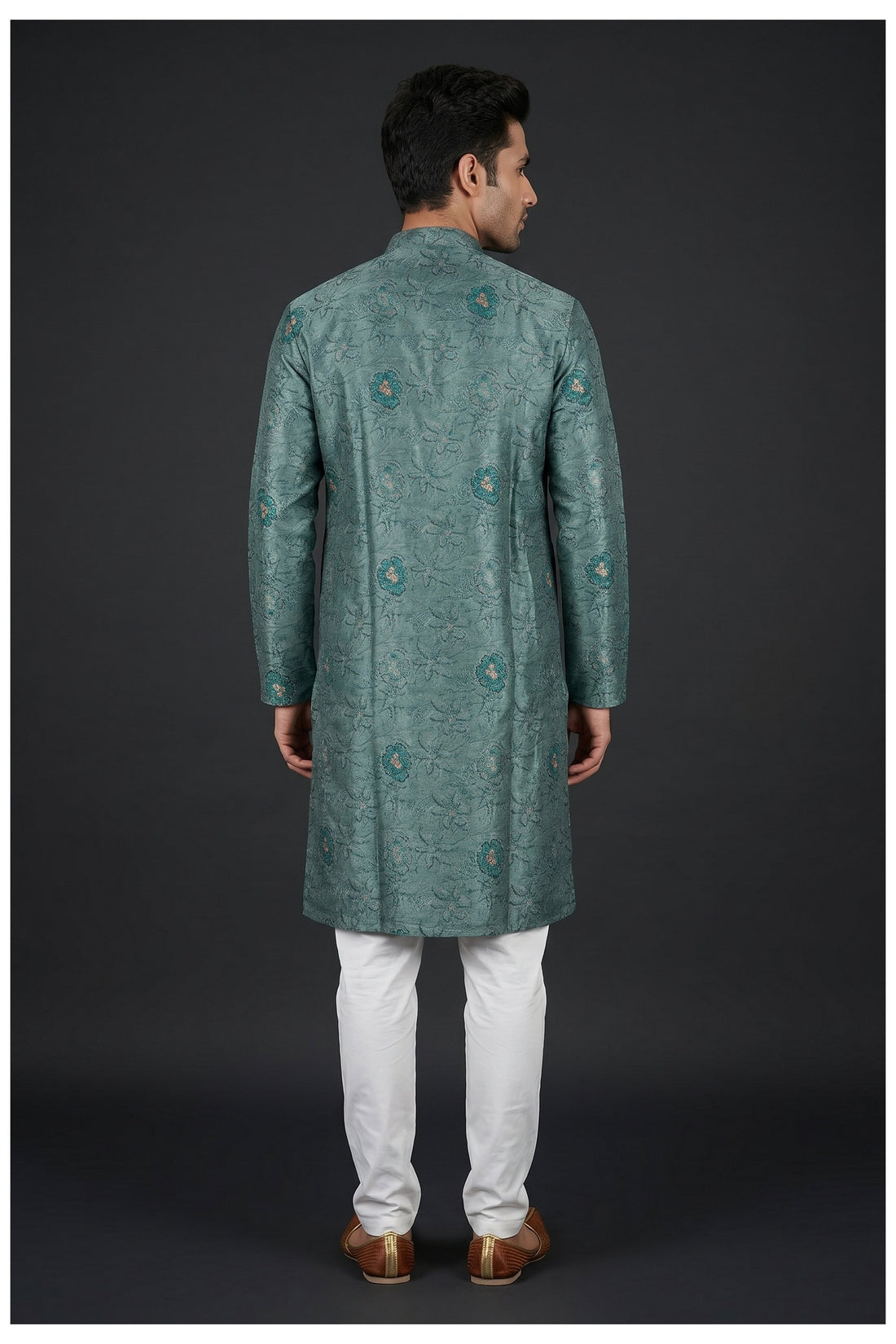 Teal Green Floral Patterned Men'S Kurta