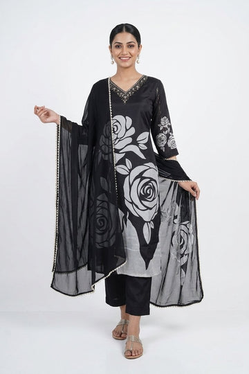 Black Floral Printed Kurta Set With Sheer Dupatta