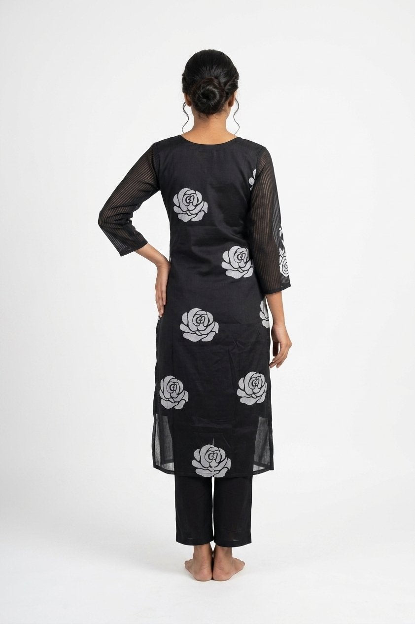 Black Floral Printed Kurta Set With Sheer Dupatta