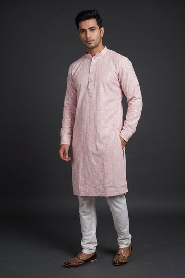 Pastel Pink Textured Festive Kurta For Men