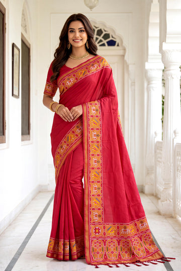 Crimson Red Art Silk Saree with Traditional Heritage Woven Border
