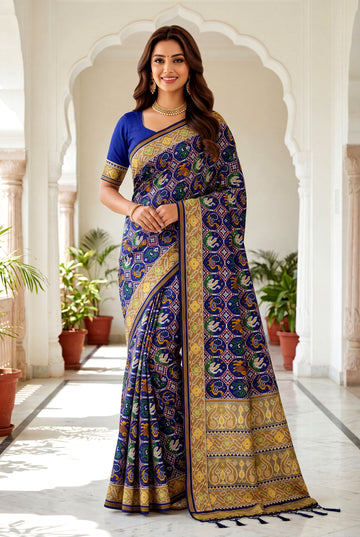 Royal Blue Patola Art Silk Saree with Multicolor All Over Jaal and Rich Woven Border