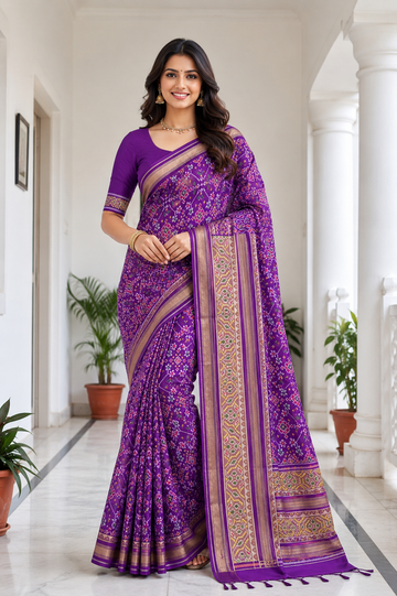 Royal Purple Patola Art Silk Saree with Traditional Woven Border & Designer Pallu