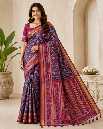 Royal Blue Patola Art Silk Saree with Magenta Heritage Border & Designer Pallu