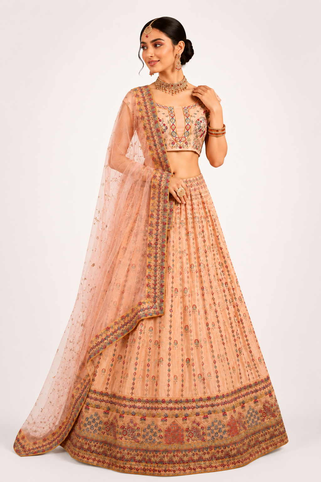 Peach Embroidered Designer Lehenga Choli With Net Dupatta