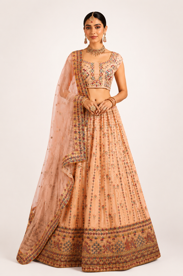 Peach Embroidered Designer Lehenga Choli With Net Dupatta