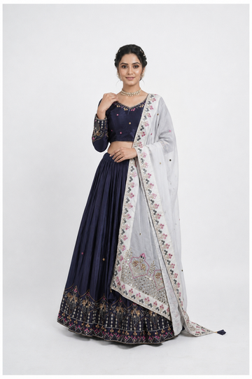 Navy Blue Silk Lehenga Choli With Ivory Embroidered Dupatta