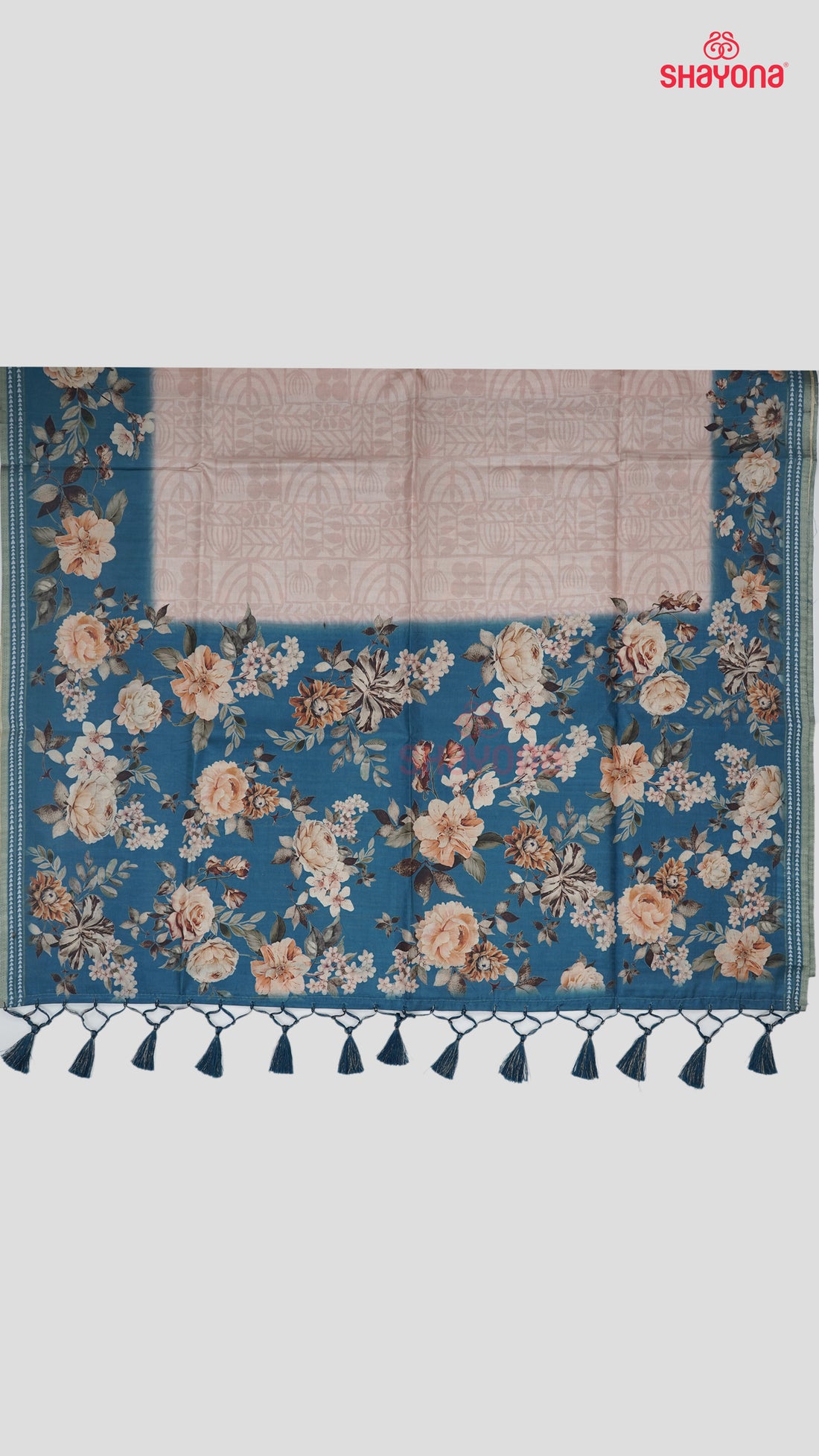 Deep Steel Blue & Light Rose Gold Weaved Tussa Cotton Saree with Multicoloured Floral Butta Jaal