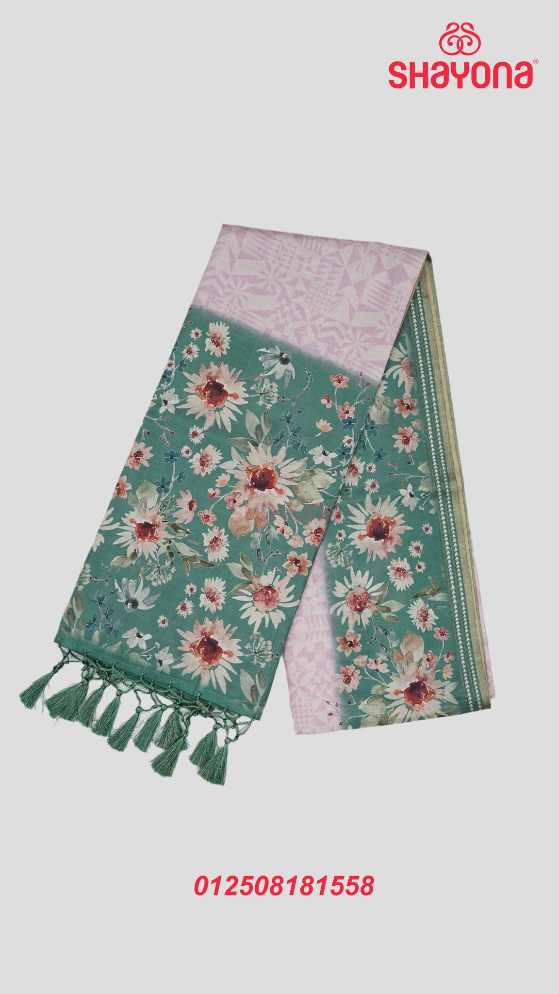 Sea Green & Pink Weaved Tussa Cotton Saree with Multicoloured Floral Butta Jaal