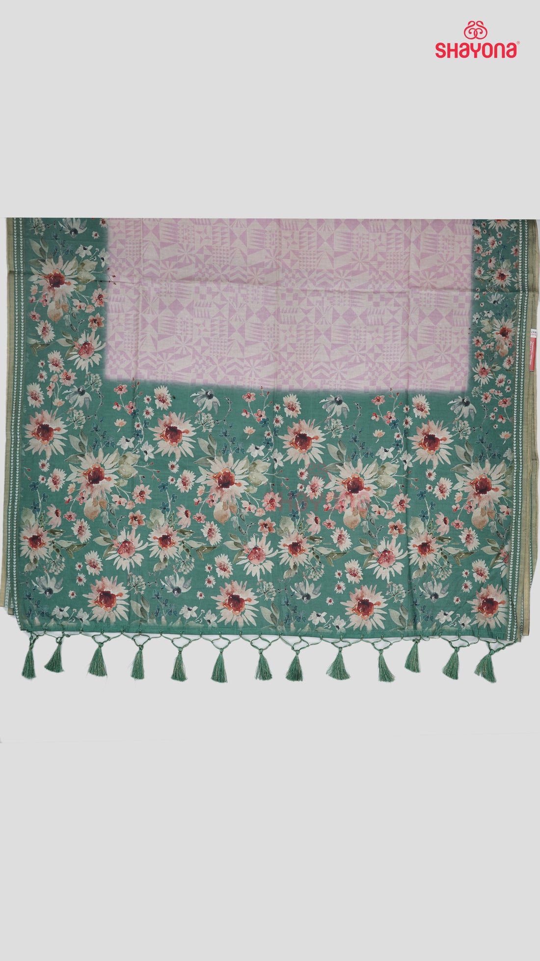 Sea Green & Pink Weaved Tussa Cotton Saree with Multicoloured Floral Butta Jaal