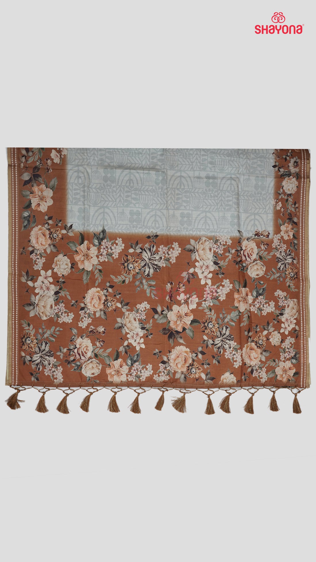 Gray & Brown Weaved Tussa Cotton Saree with Multicoloured Floral Butta Jaal