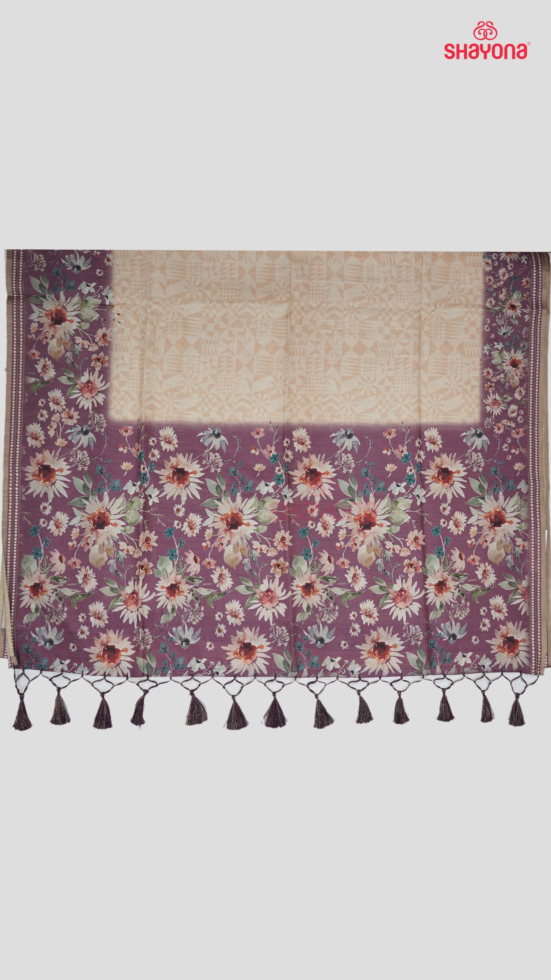 Dark Lavander & Almond Weaved Tussa Cotton Saree with Multicoloured Floral Butta Jaal