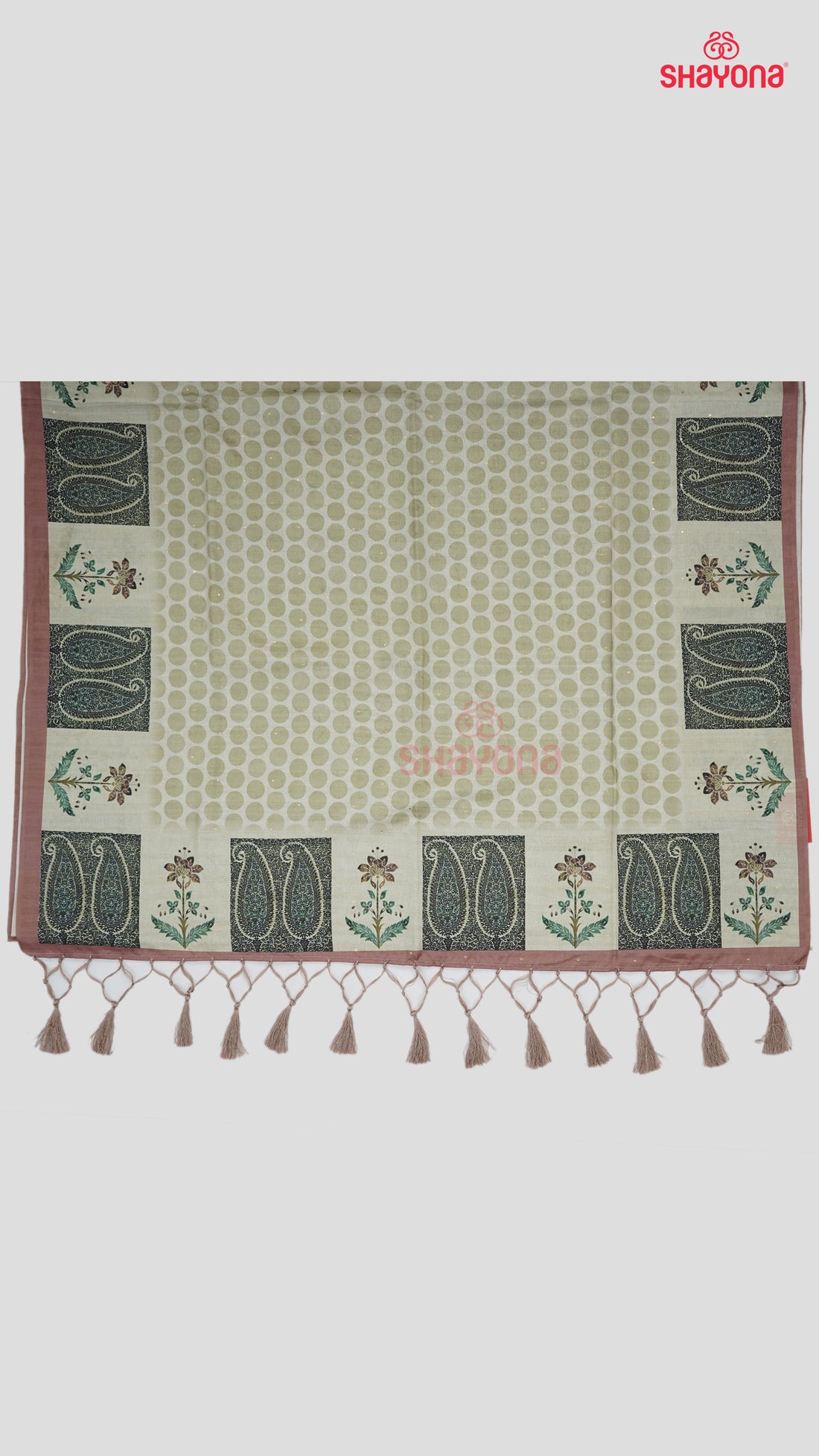 Sage Green Tussa-Based Cotton Saree with Rose Gold Digital Printed Checks & Border