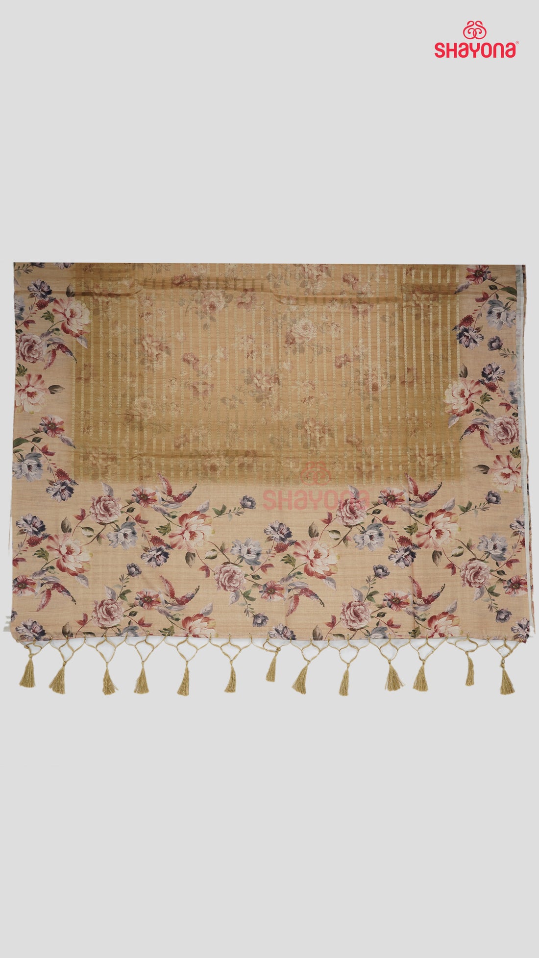 Light Gold Tussa Based Cotton Saree with Multicoloured Floral Jaal