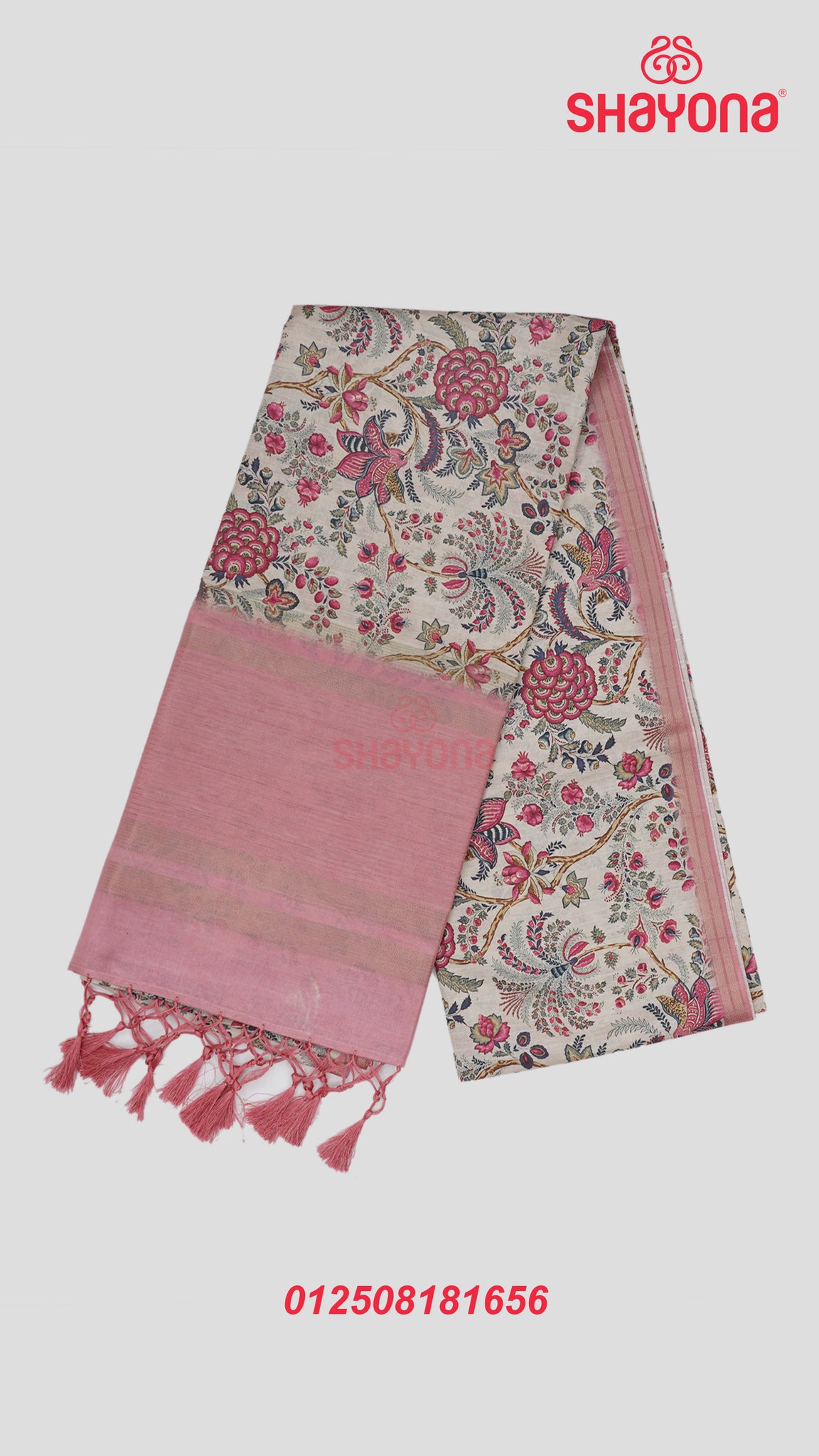 Medium Pink & Light Bisque Tussa Based Cotton Saree with Multicoloured Floral Jaal