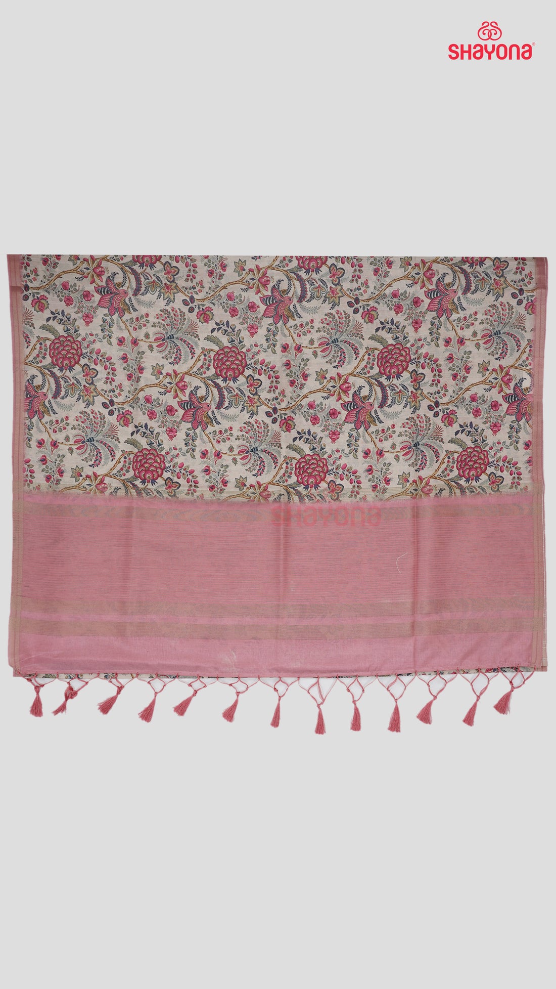 Medium Pink & Light Bisque Tussa Based Cotton Saree with Multicoloured Floral Jaal