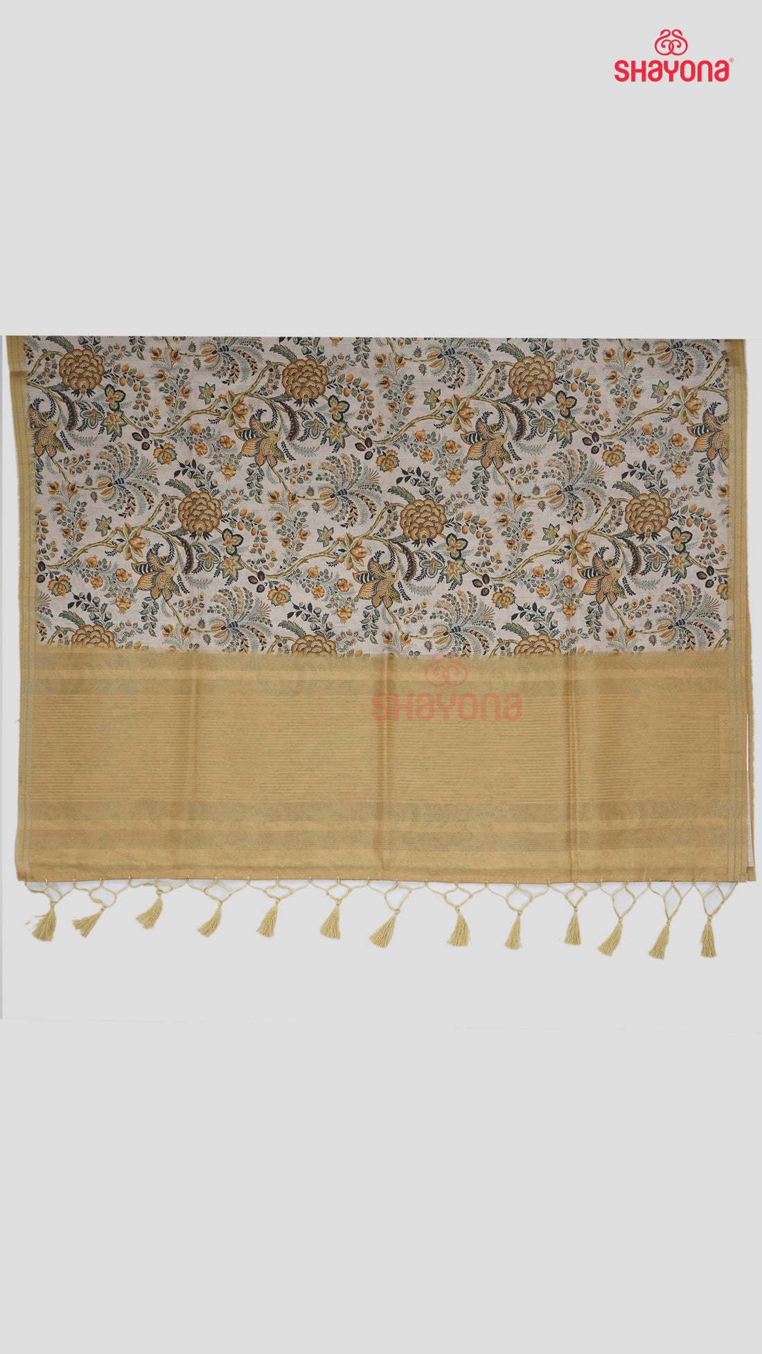 Golden Rod & Light Bisque Tussa Based Cotton Saree with Multicoloured Floral Jaal