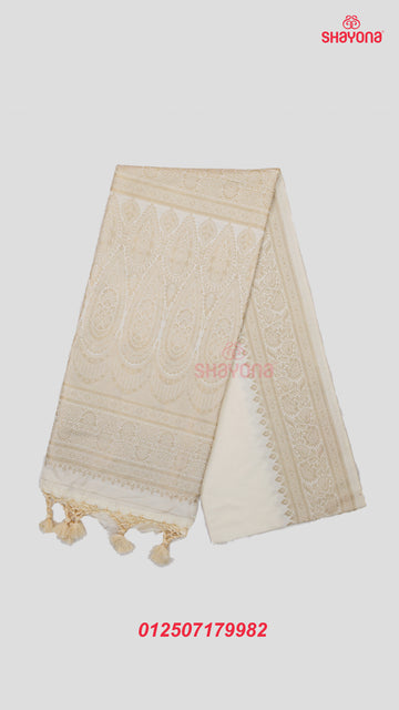 Ivory Banarasi Soft Silk Saree with Plain Gala & Nakshi Border