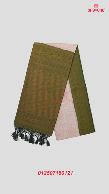 Dark Green & Antique White Banarasi Soft Silk Saree with Copper Butta & Nakshi Border