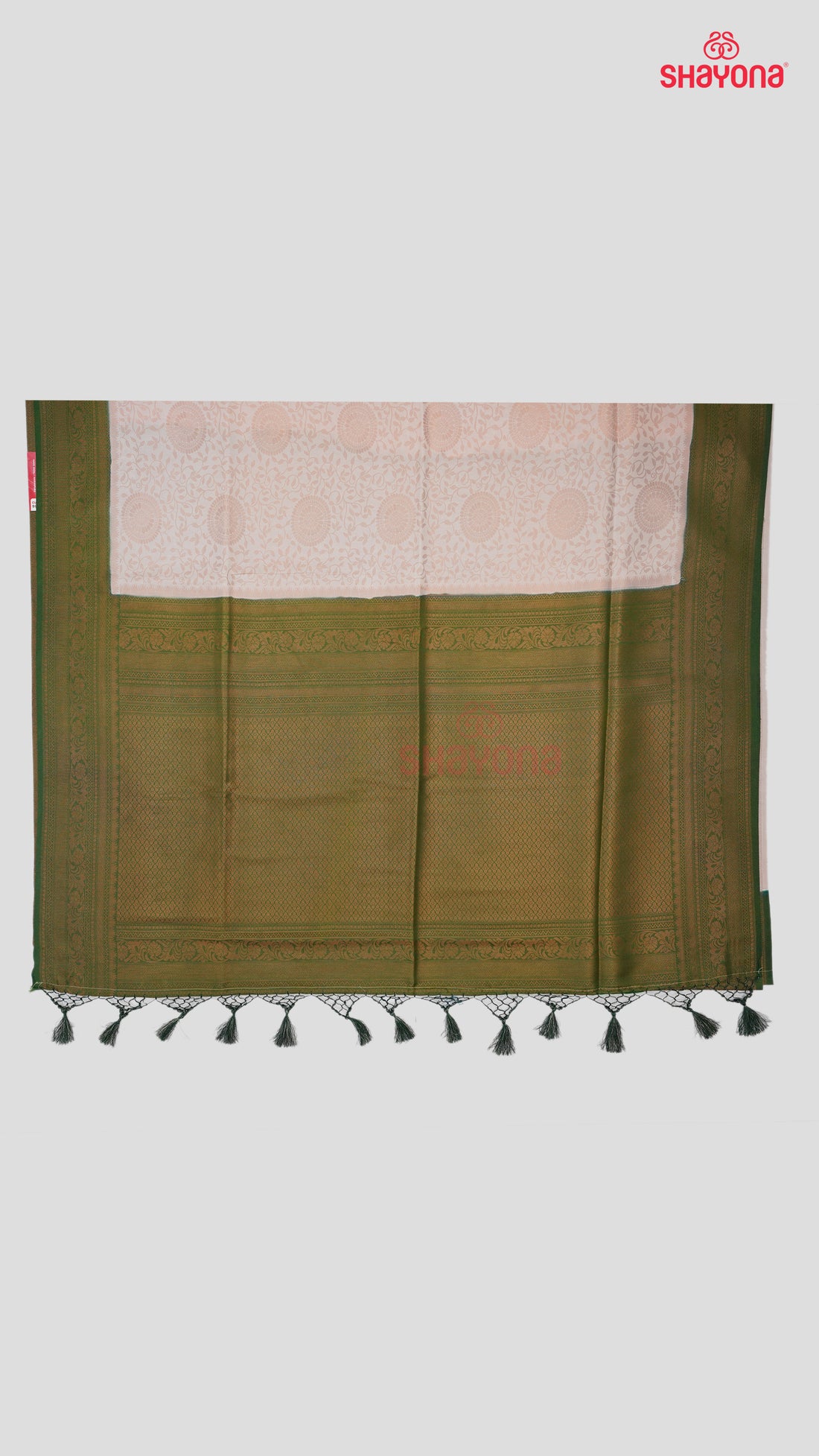 Dark Green & Antique White Banarasi Soft Silk Saree with Copper Butta & Nakshi Border