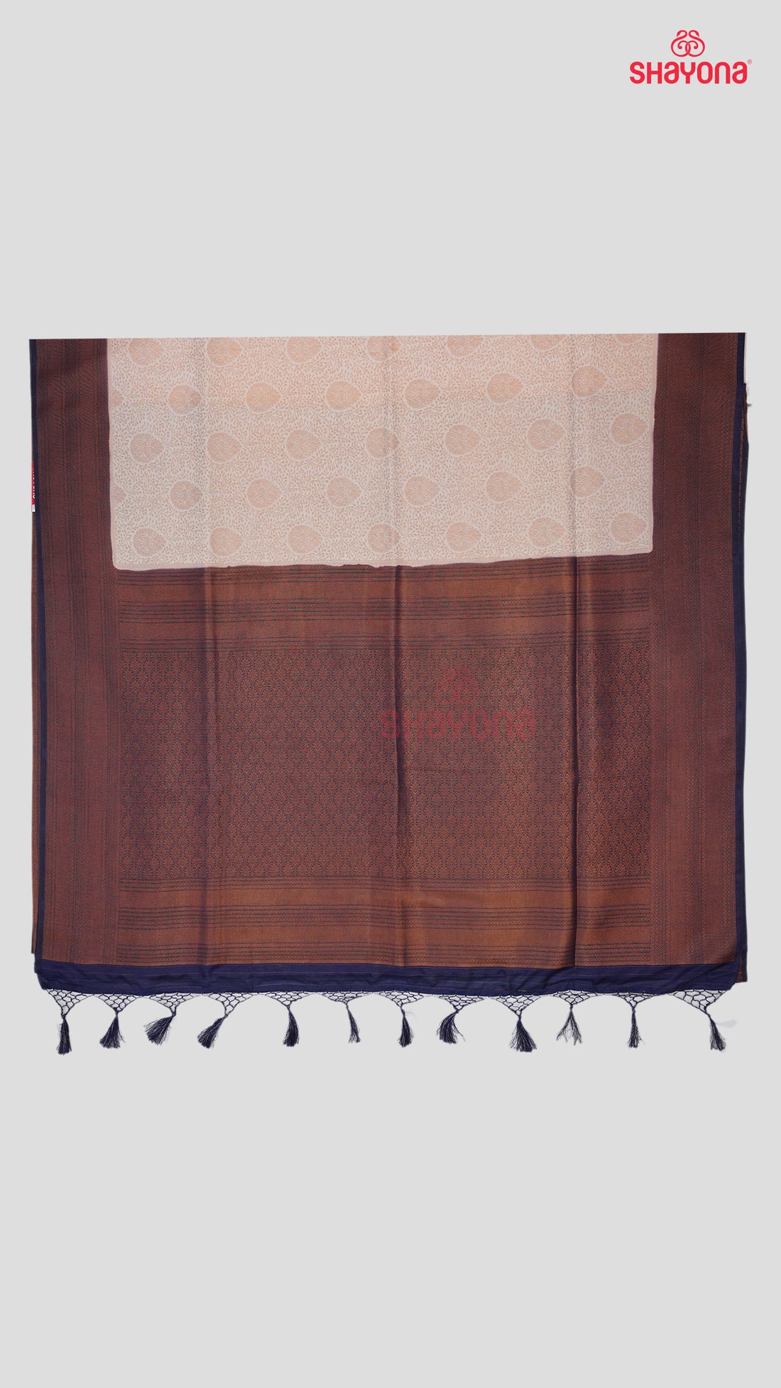 Linen & Dark Navy Blue Banarasi Soft Silk Saree with Rose Gold Jaal and Heavy Pallav